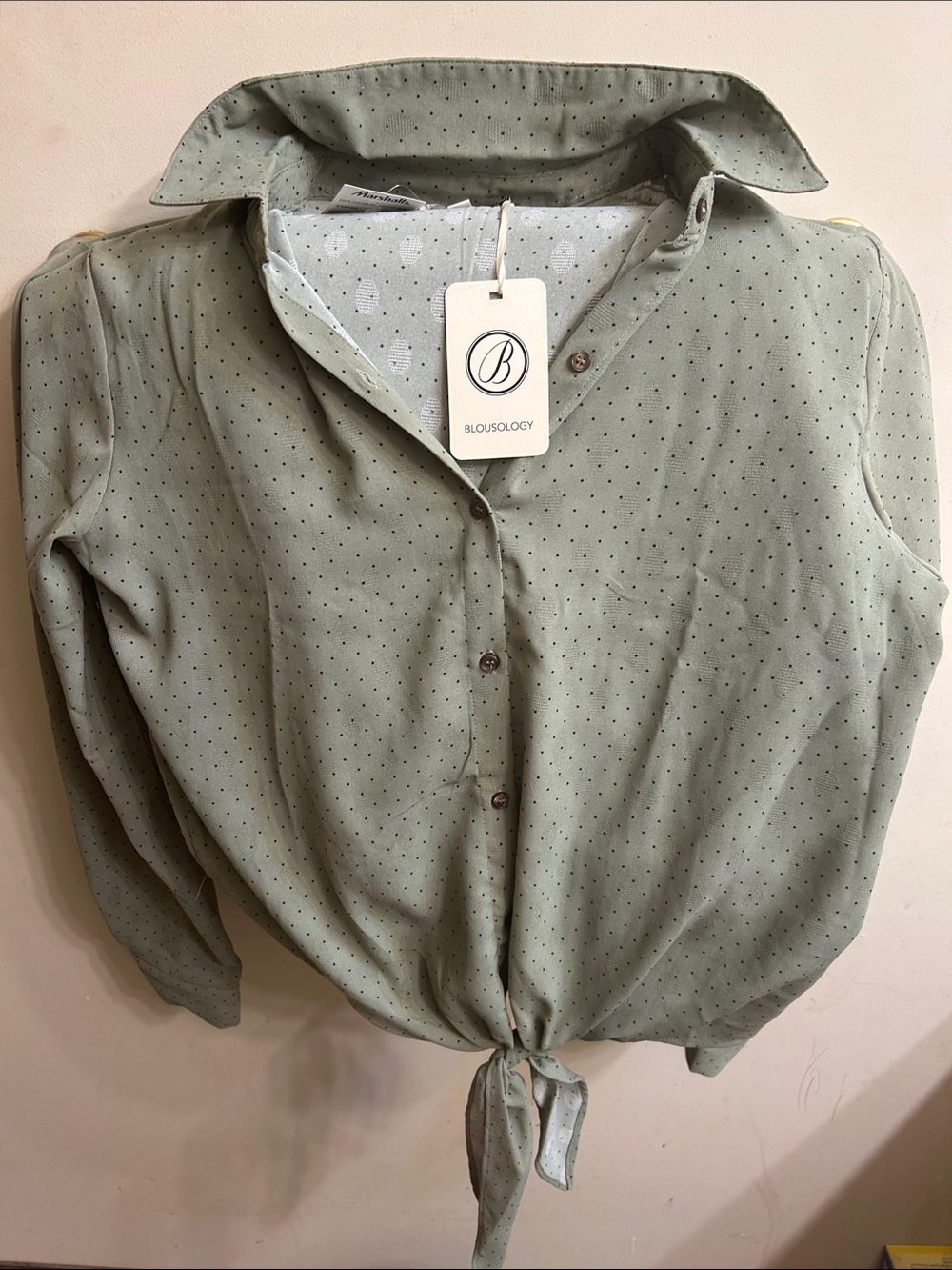 Blousology Women's Sage Green Dot Tie-Front Blouse
